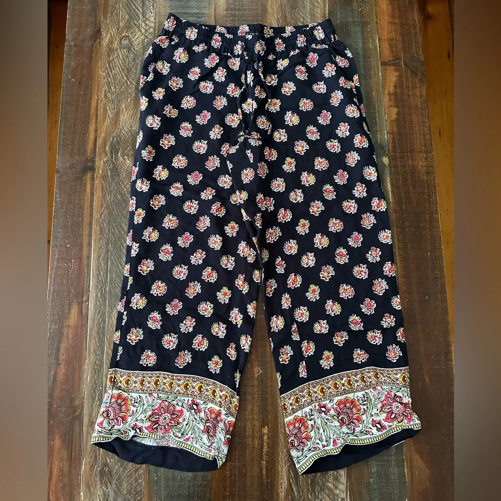 Loft Women’s S Navy Blue Floral Wide Leg Drawstring Palazzo Pants